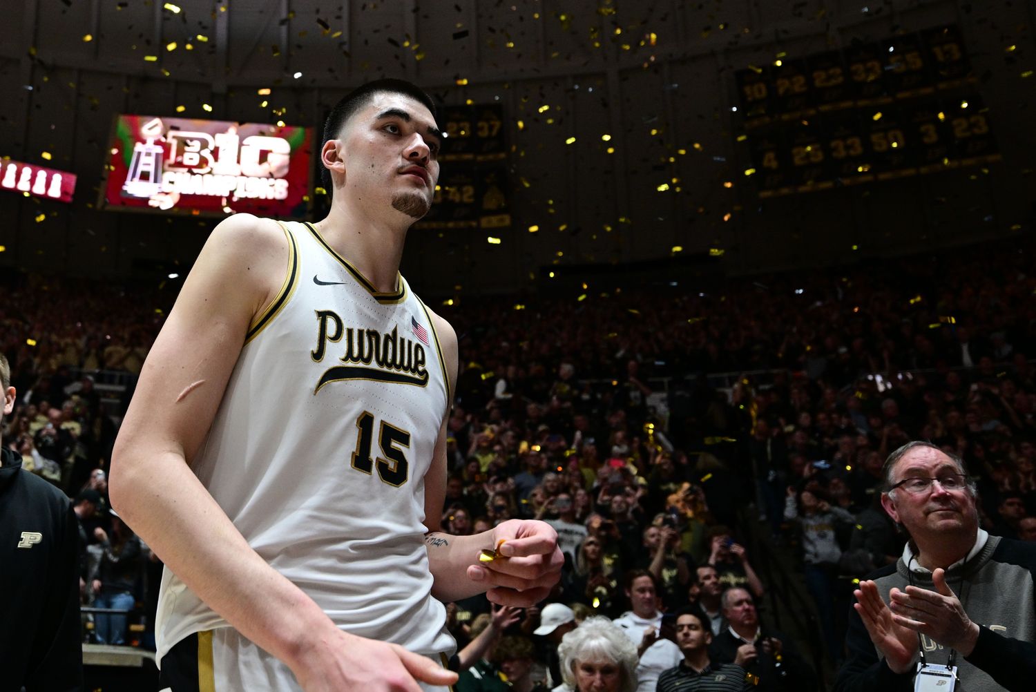 Purdue Boilermakers center Zach Edey (15) walks through the confetti after the game against the Michigan State Spartans at Mackey Arena.